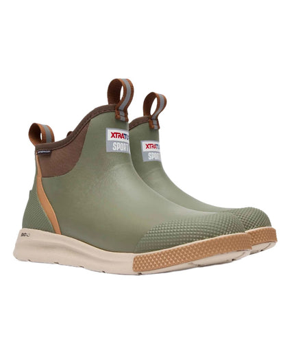 Olive Coloured Xtratuf Mens 6&quot; Ankle Deck Sport Boots on white background 