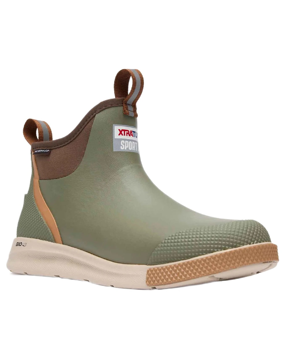 Olive Coloured Xtratuf Mens 6" Ankle Deck Sport Boots on white background 