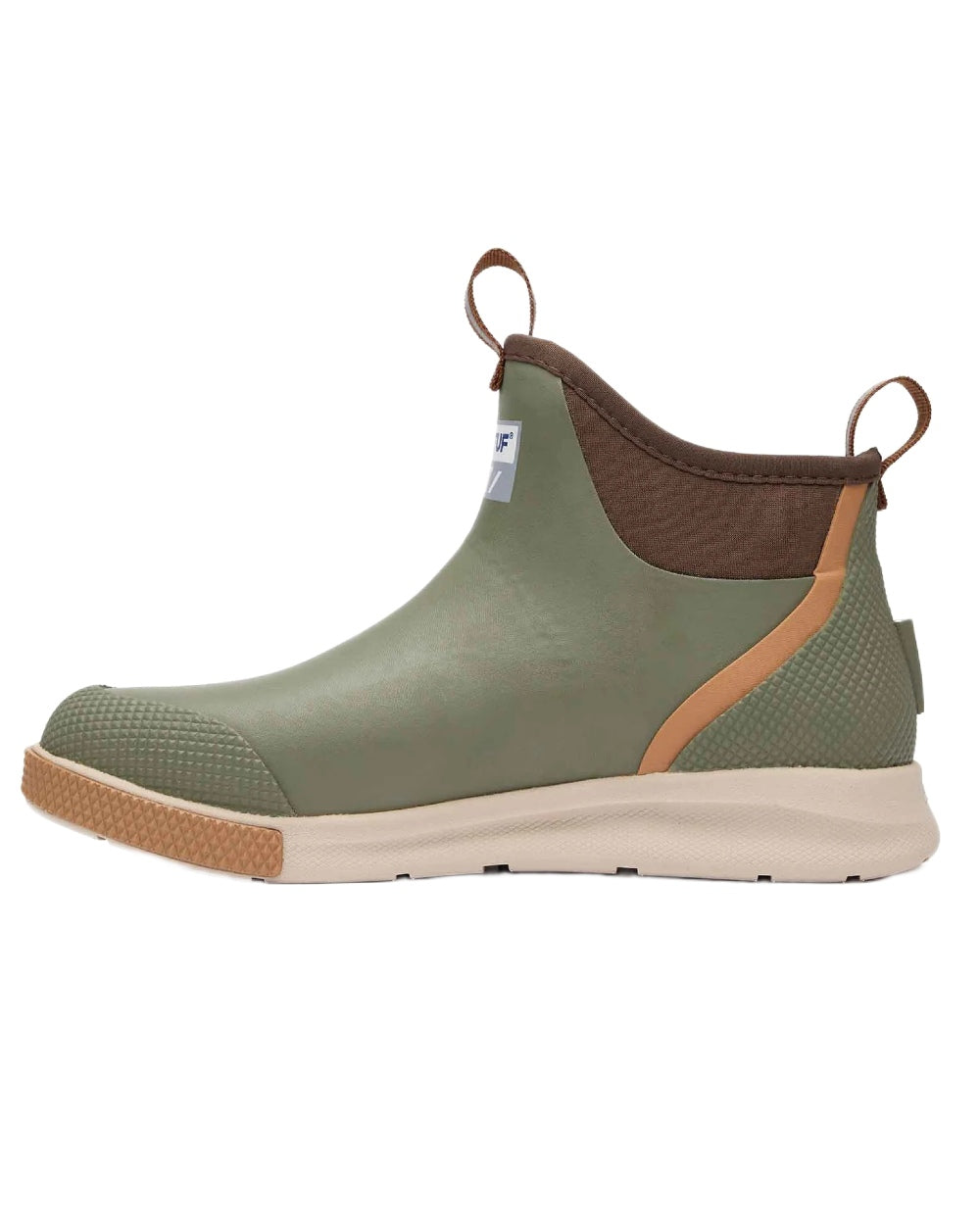 Olive Coloured Xtratuf Mens 6" Ankle Deck Sport Boots on white background 