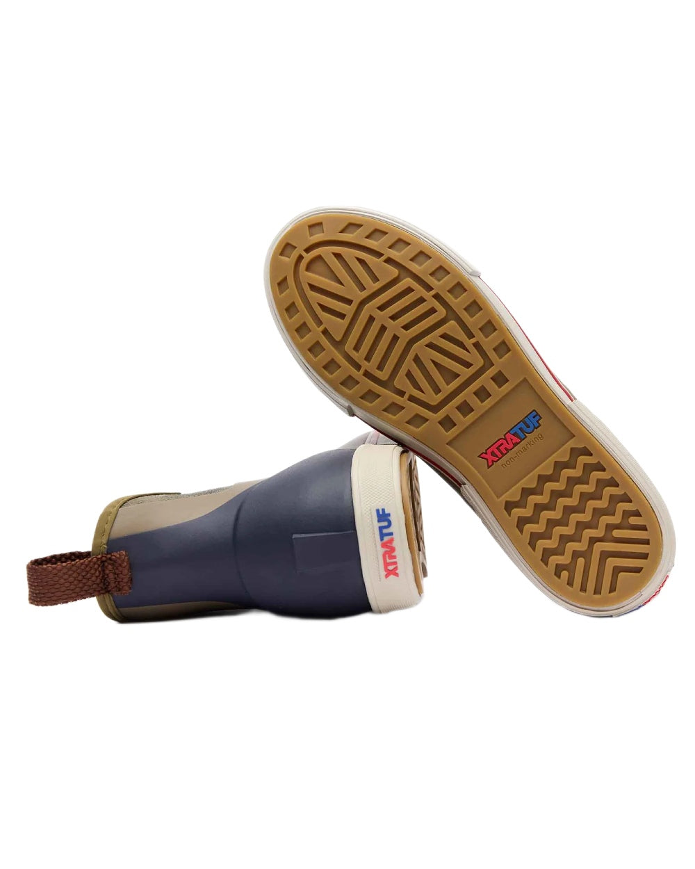 Vintage Olive Coloured Xtratuf Mens 6 Ankle Deck Vintage Boots on white background 