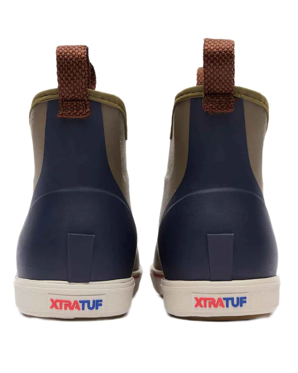 Vintage Olive Coloured Xtratuf Mens 6 Ankle Deck Vintage Boots on white background 