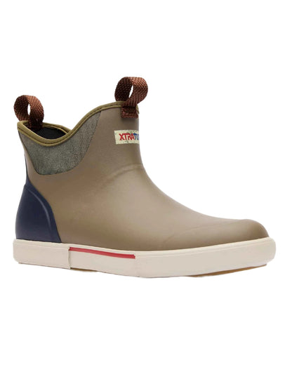 Vintage Olive Coloured Xtratuf Mens 6 Ankle Deck Vintage Boots on white background 