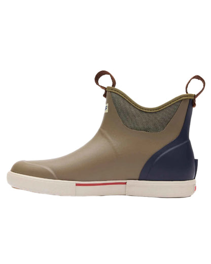 Vintage Olive Coloured Xtratuf Mens 6 Ankle Deck Vintage Boots on white background 