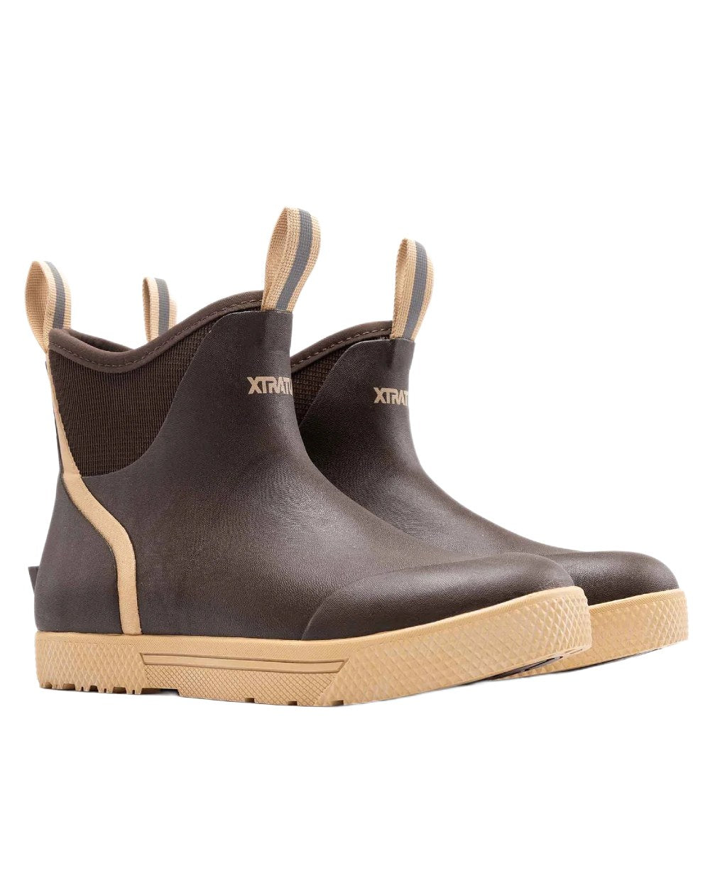 Brown Coloured Xtratuf Mens 6" Wheelhouse Ankle Boat Boots on white background 