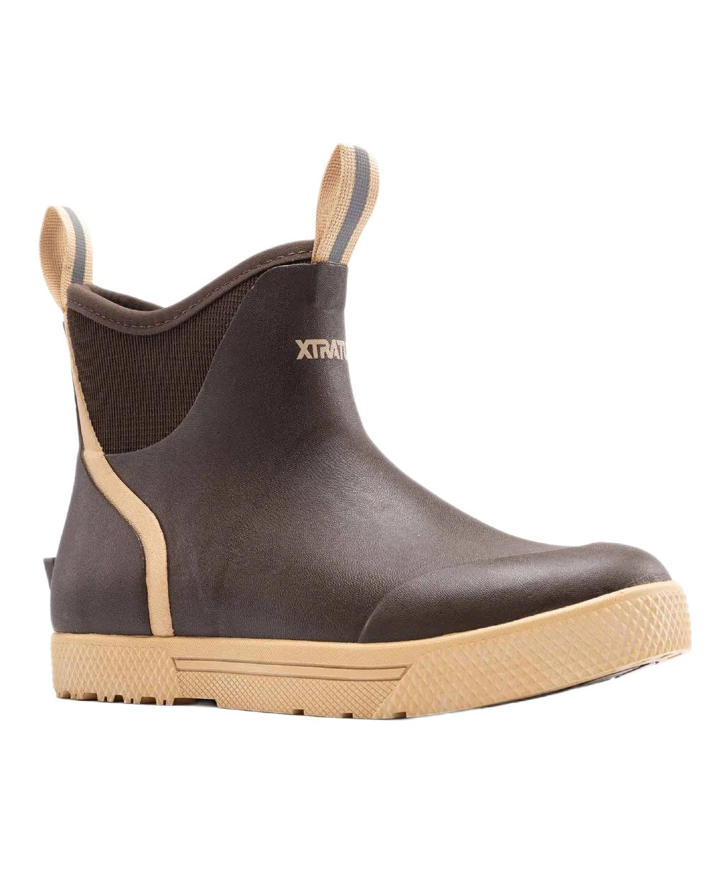 Brown Coloured Xtratuf Mens 6" Wheelhouse Ankle Boat Boots on white background 
