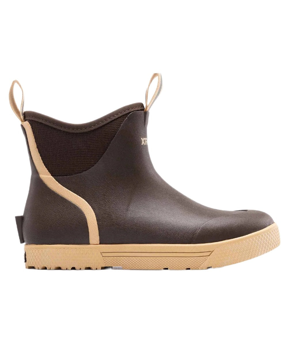 Brown Coloured Xtratuf Mens 6" Wheelhouse Ankle Boat Boots on white background 