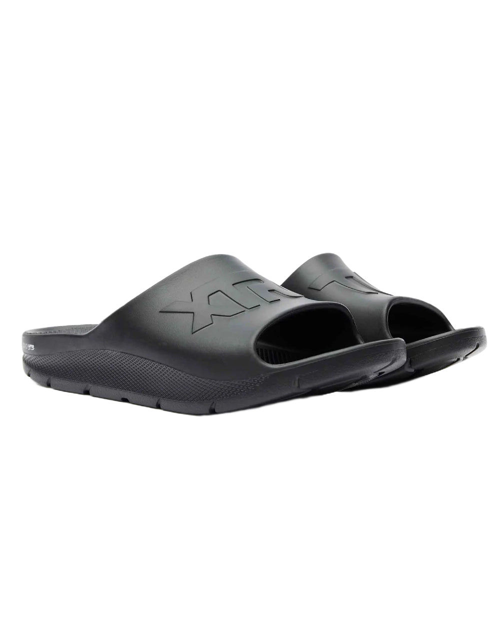 Black Coloured Xtratuf Mens Apres Fish Sliders on white background 