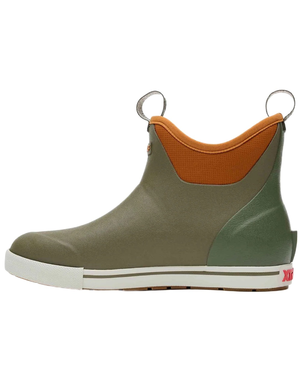 Olive Coloured Xtratuf Womens 6" Ankle Deck Camp Boots on white background 