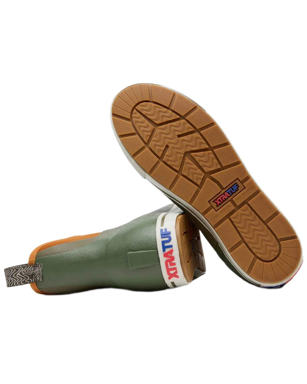 Olive Coloured Xtratuf Womens 6" Ankle Deck Camp Boots on white background 