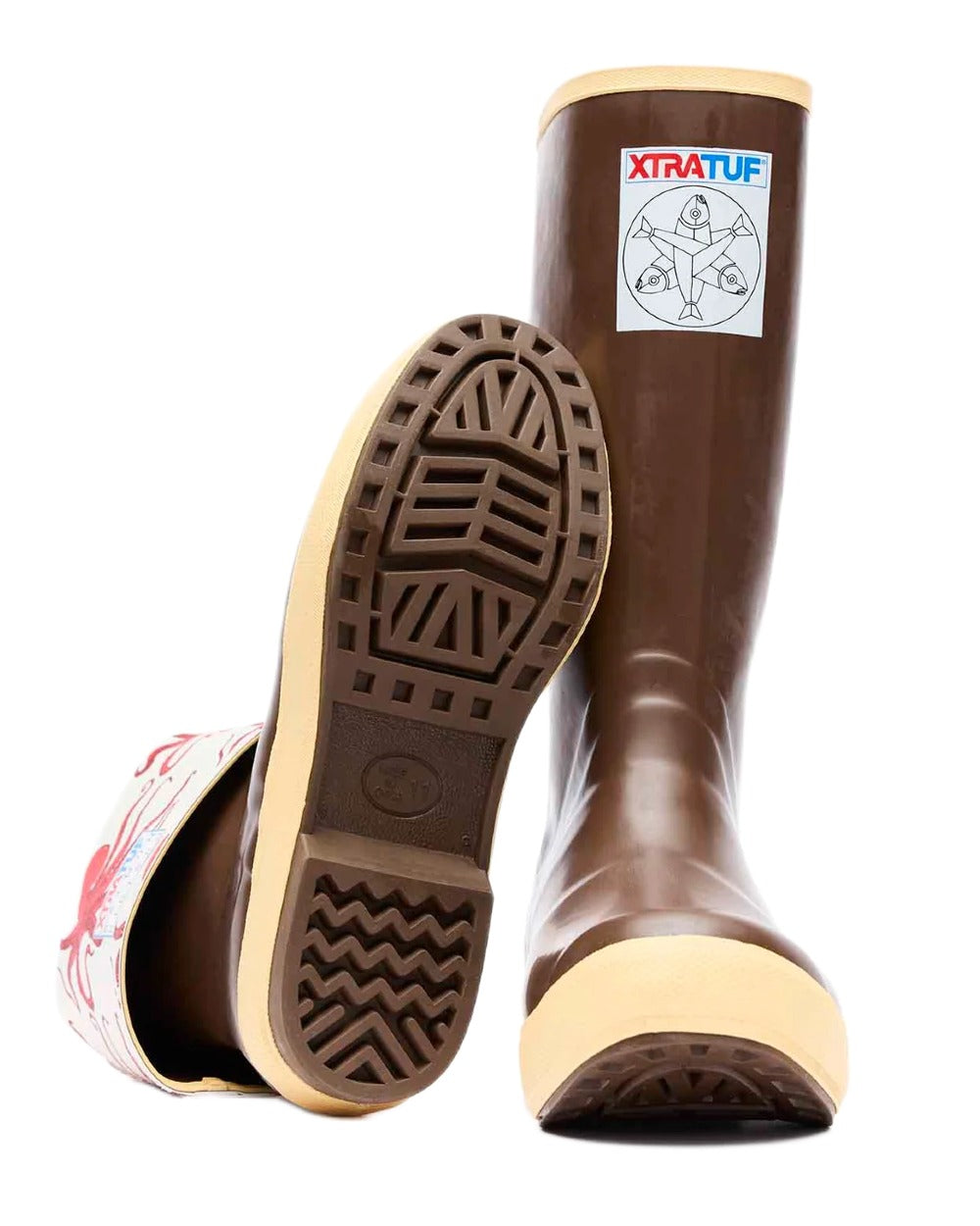 White Octopus Coloured Xtratuf Womens 15&quot; Salmon Sisters Legacy Fishing Boots on white background 