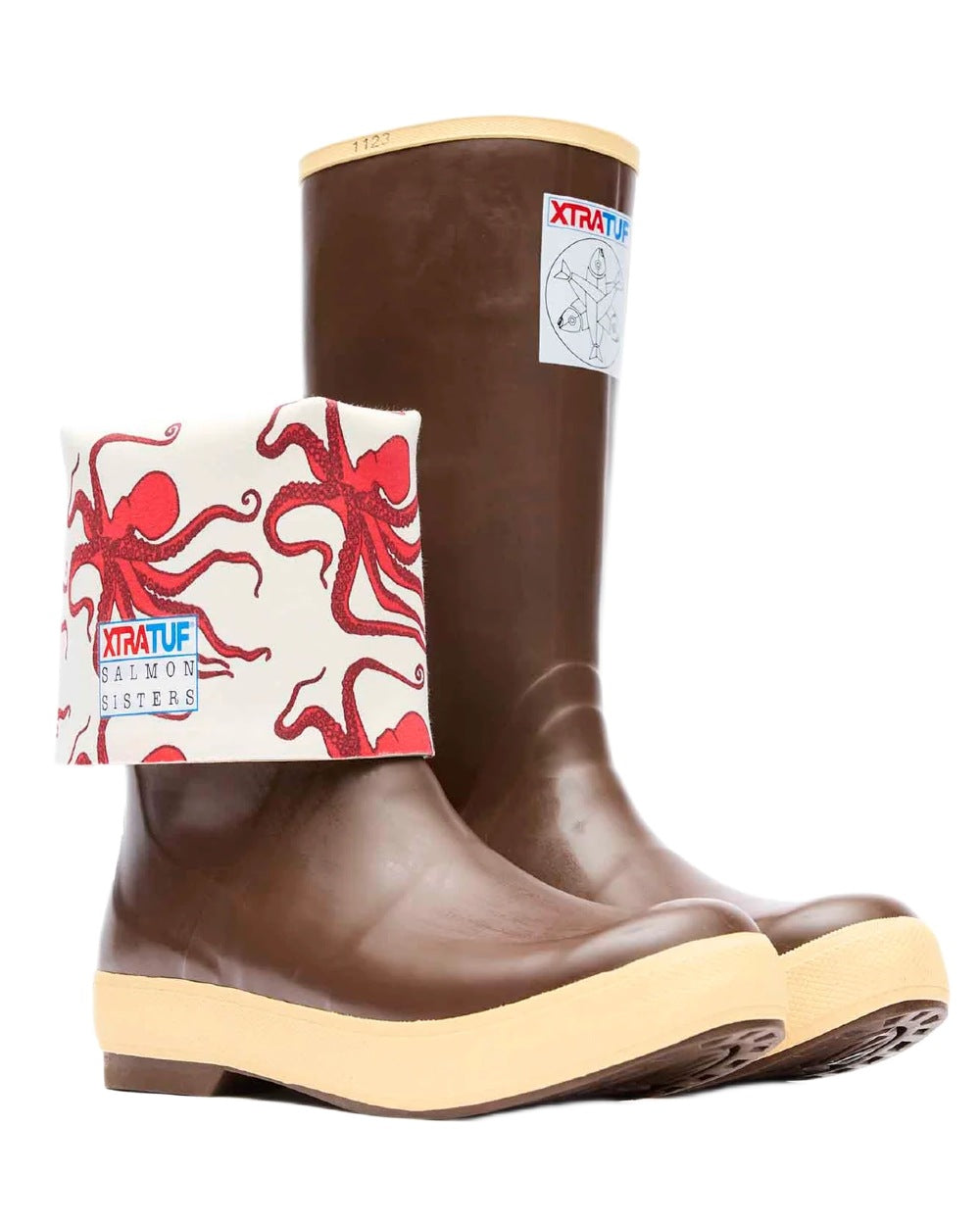 White Octopus Coloured Xtratuf Womens 15&quot; Salmon Sisters Legacy Fishing Boots on white background 