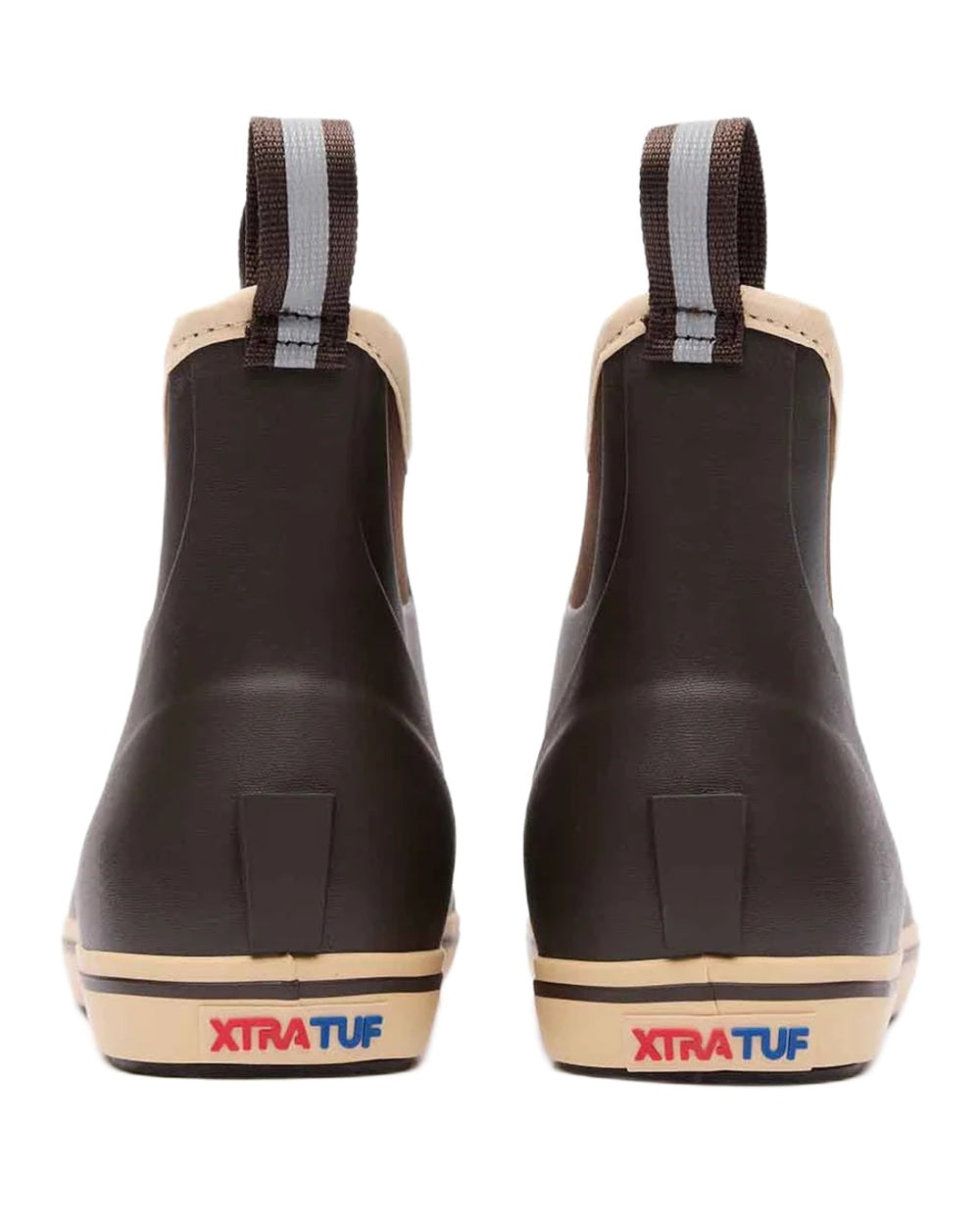Brown Coloured Xtratuf Womens 6" Ankle Deck Boots on outdoor  background 