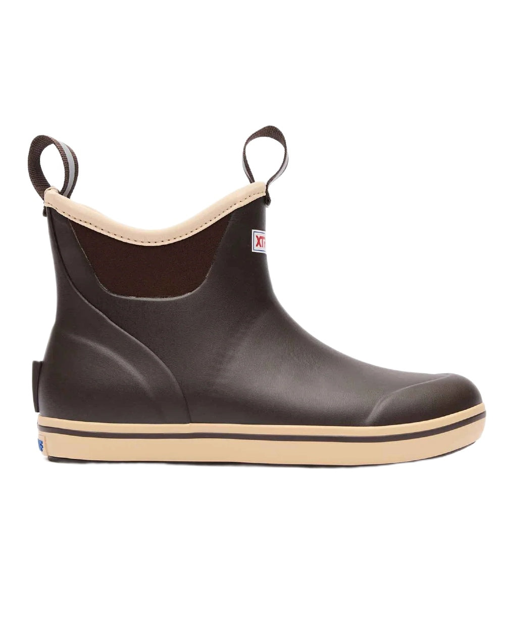 Brown Coloured Xtratuf Womens 6" Ankle Deck Boots on outdoor  background 