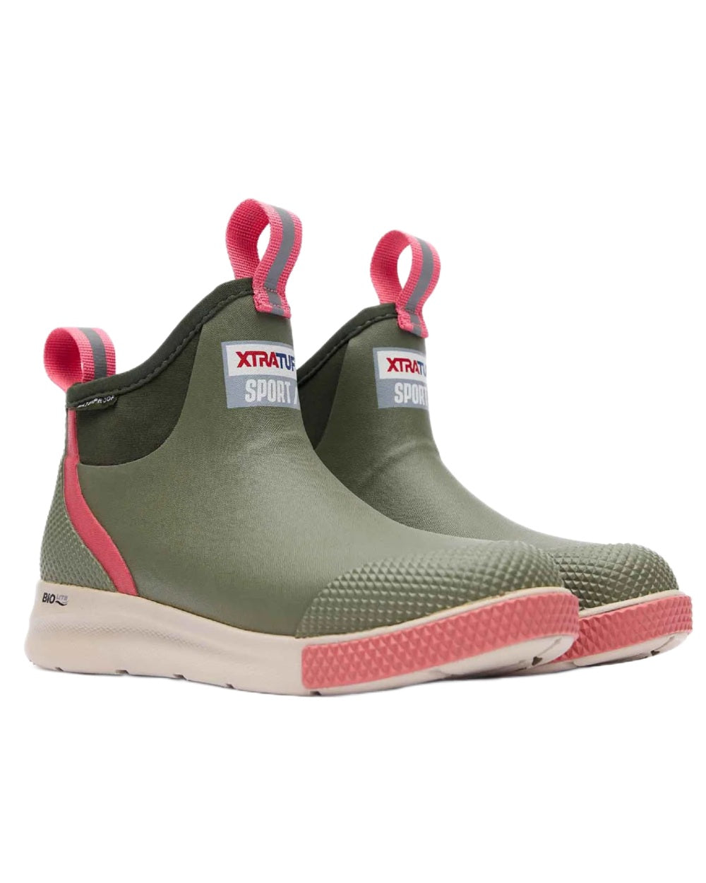 Olive Coloured Xtratuf Womens 6" Ankle Deck Sport Boots on white background 