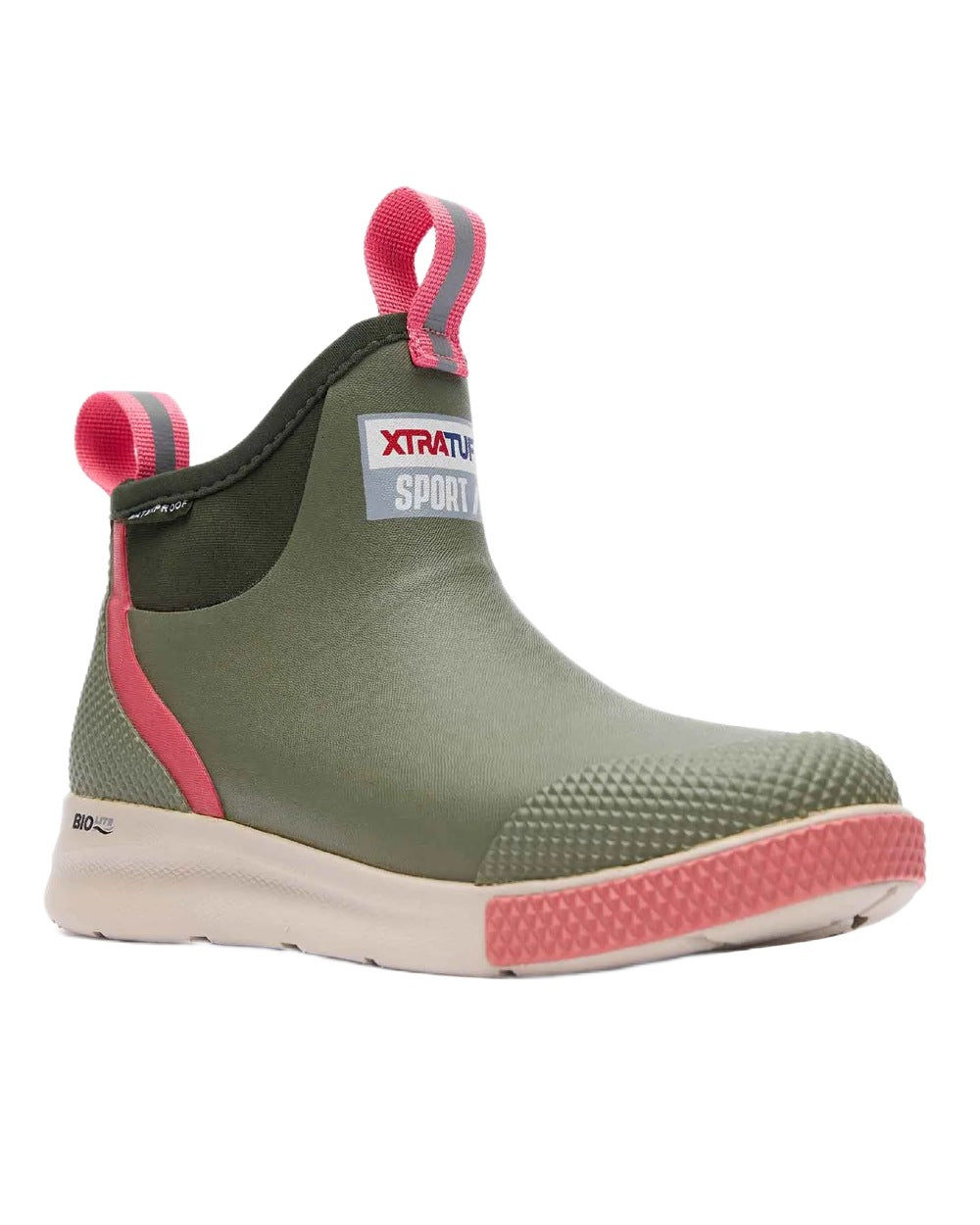 Olive Coloured Xtratuf Womens 6" Ankle Deck Sport Boots on white background 