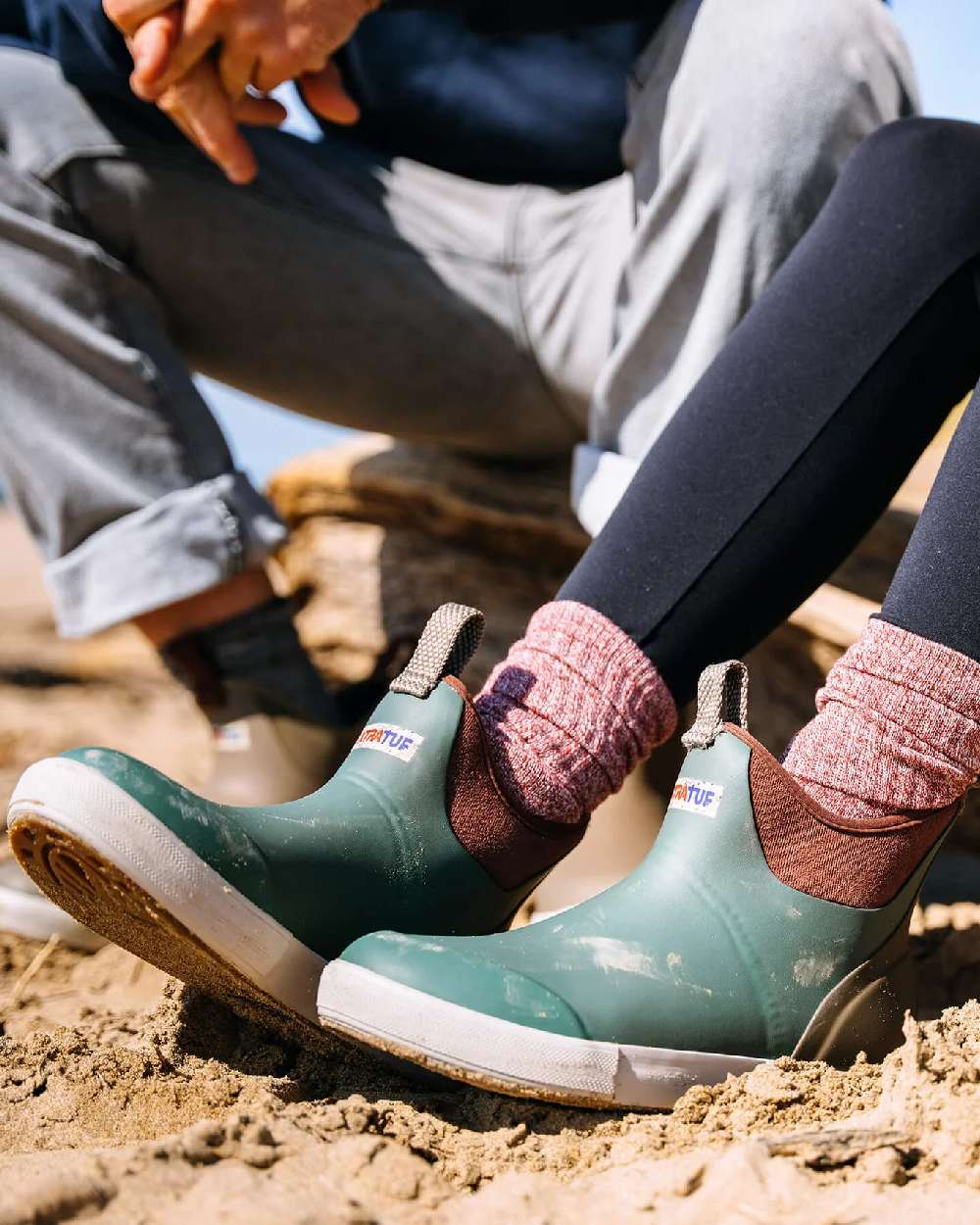 Vintage Sage Coloured Xtratuf Womens 6" Ankle Deck Vintage Boots on outdoor  background 