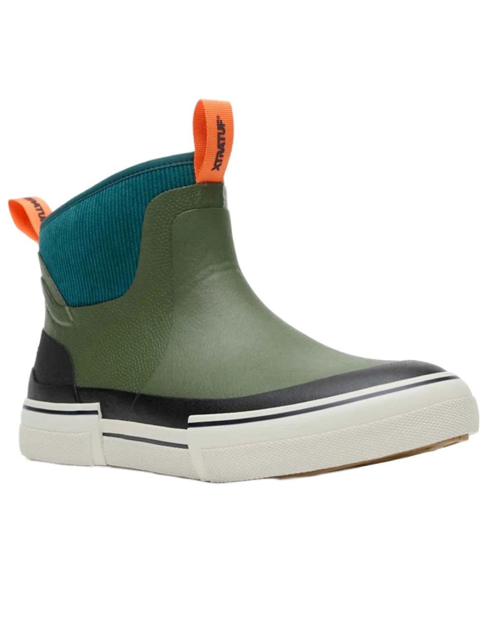Green coloured Xtratuf mens Out Of The Ordinary Deck Boots on whit e background 