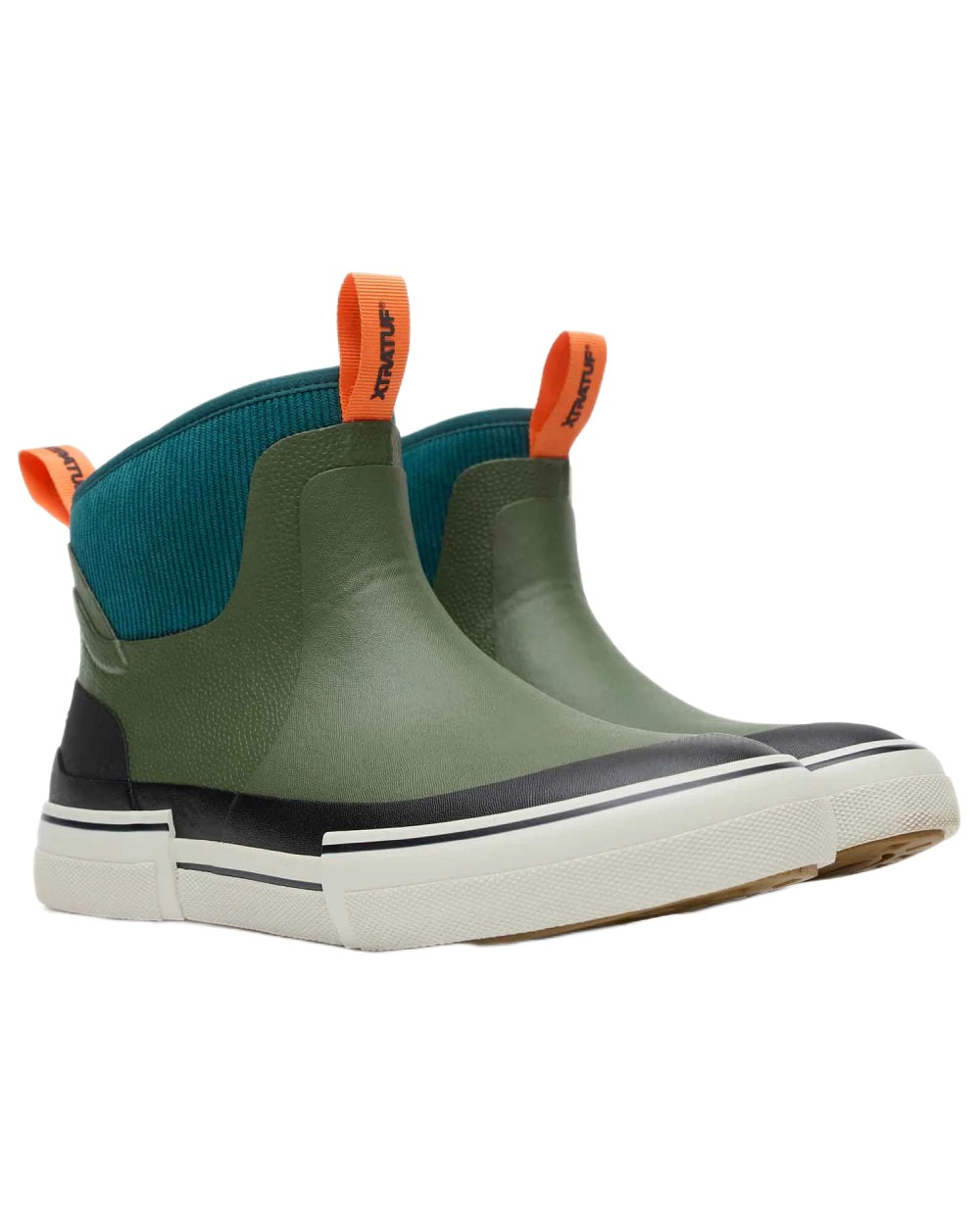 Green coloured Xtratuf mens Out Of The Ordinary Deck Boots on whit e background 