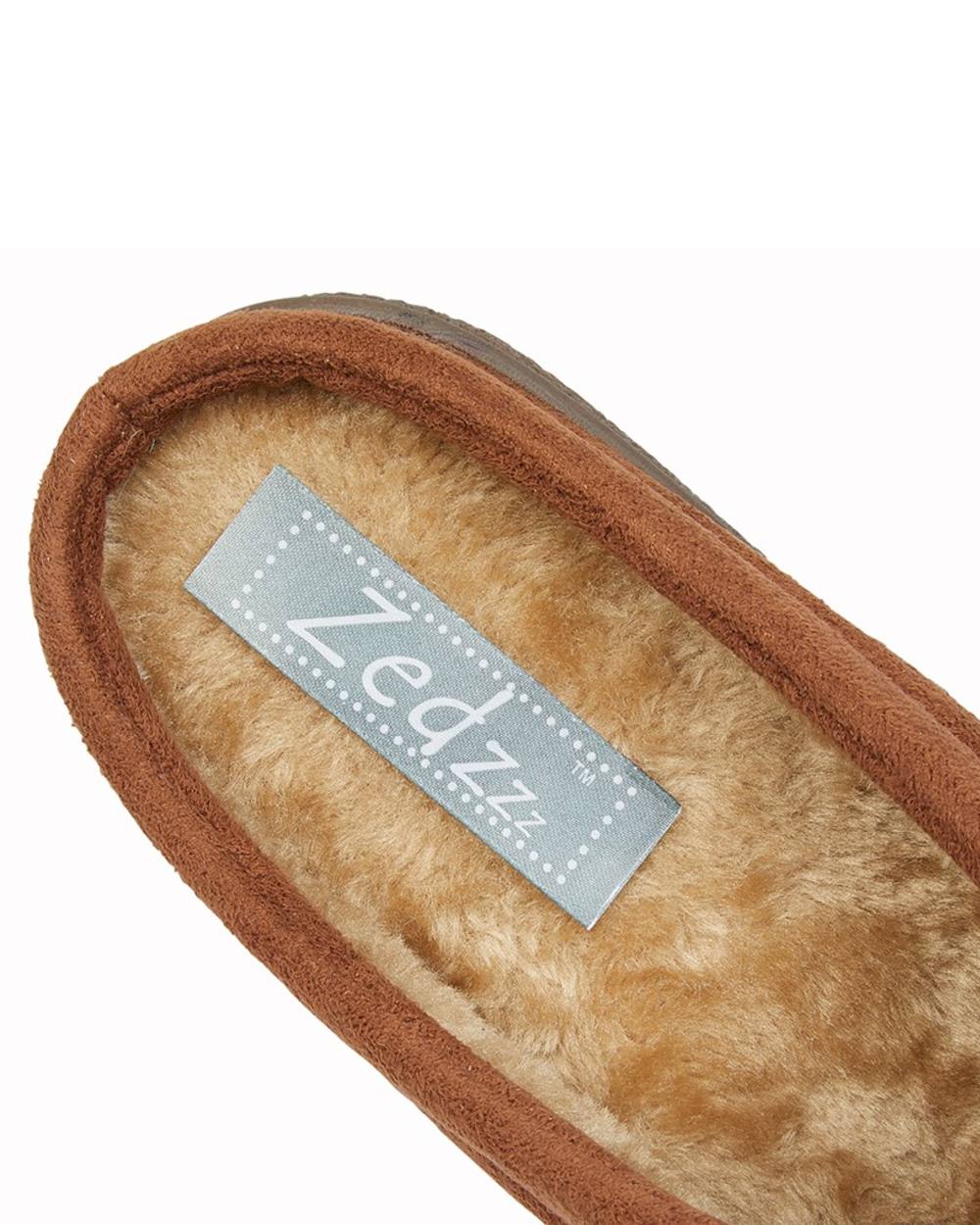Tan coloured Zedzzz Mens Alex Centre Seam Mule Slippers on white background 