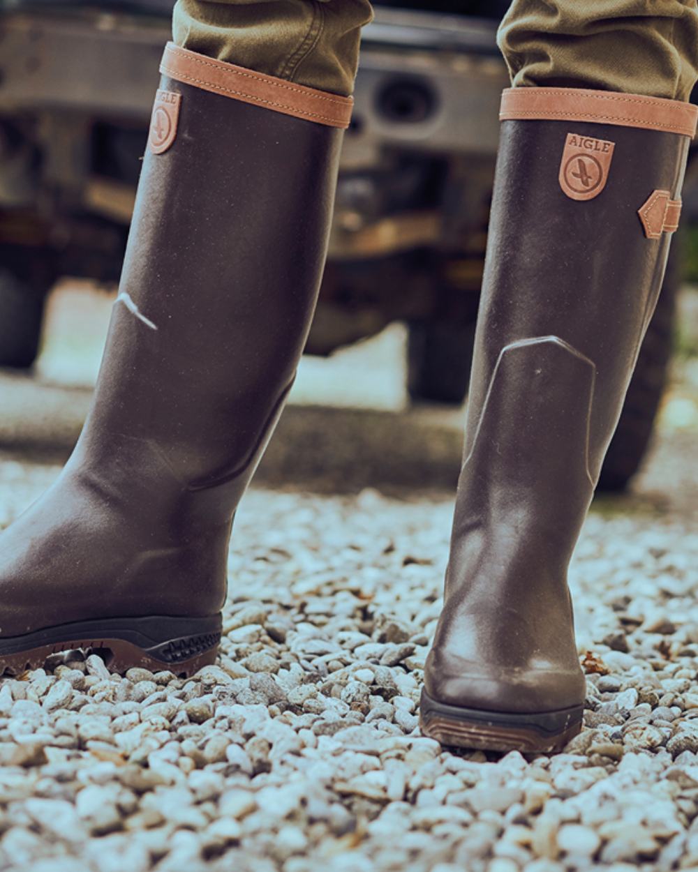 Dark Brown Coloured Aigle Parcours 2 Signature Wellingtons On A Forest Background