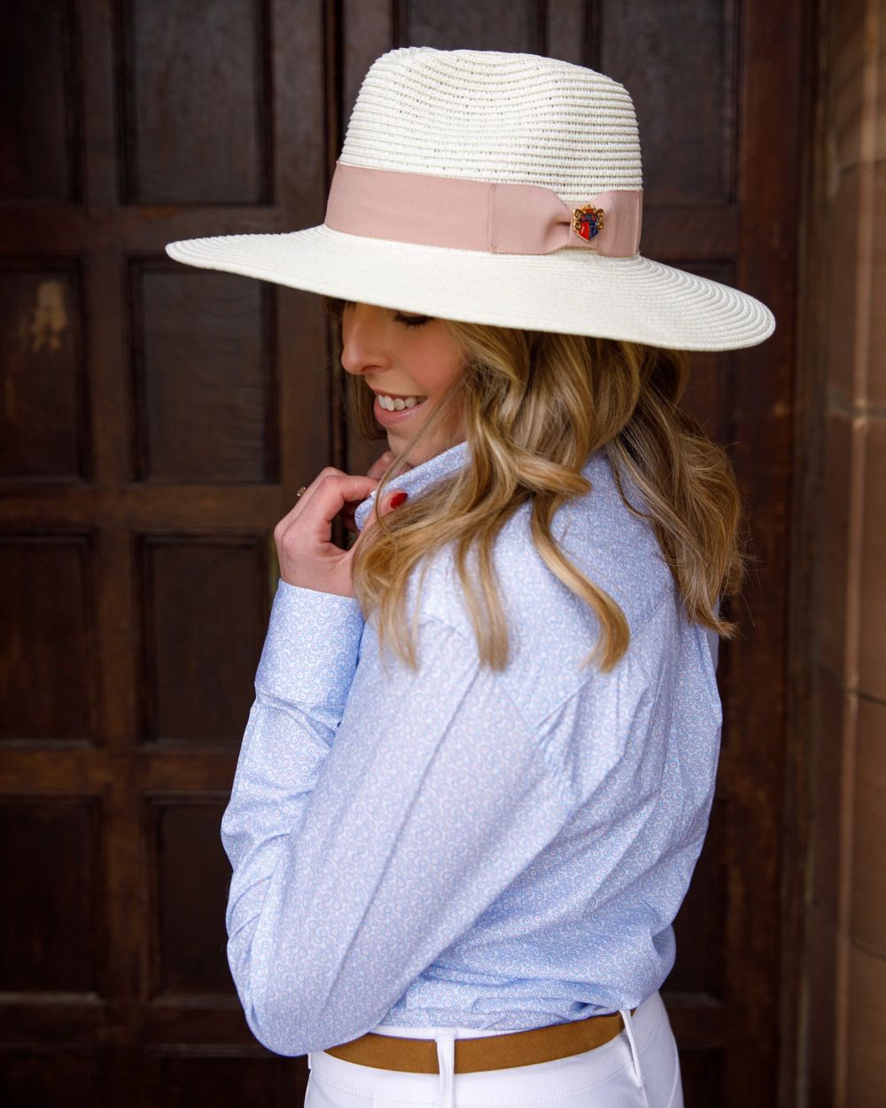Dusk Pink Ribbon Coloured Alan Paine Emelle Straw Hat On A Door Background 
