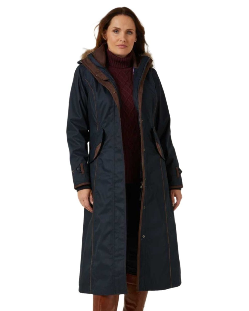 Navy Coloured Alan Paine Fernley Long Waterproof Coat On A White Background 