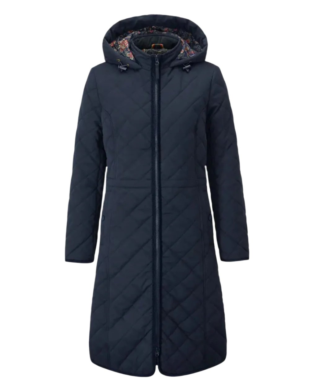 Navy Coloured Alan Paine Ladies Surrey Quilted Long Coat On A White Background 