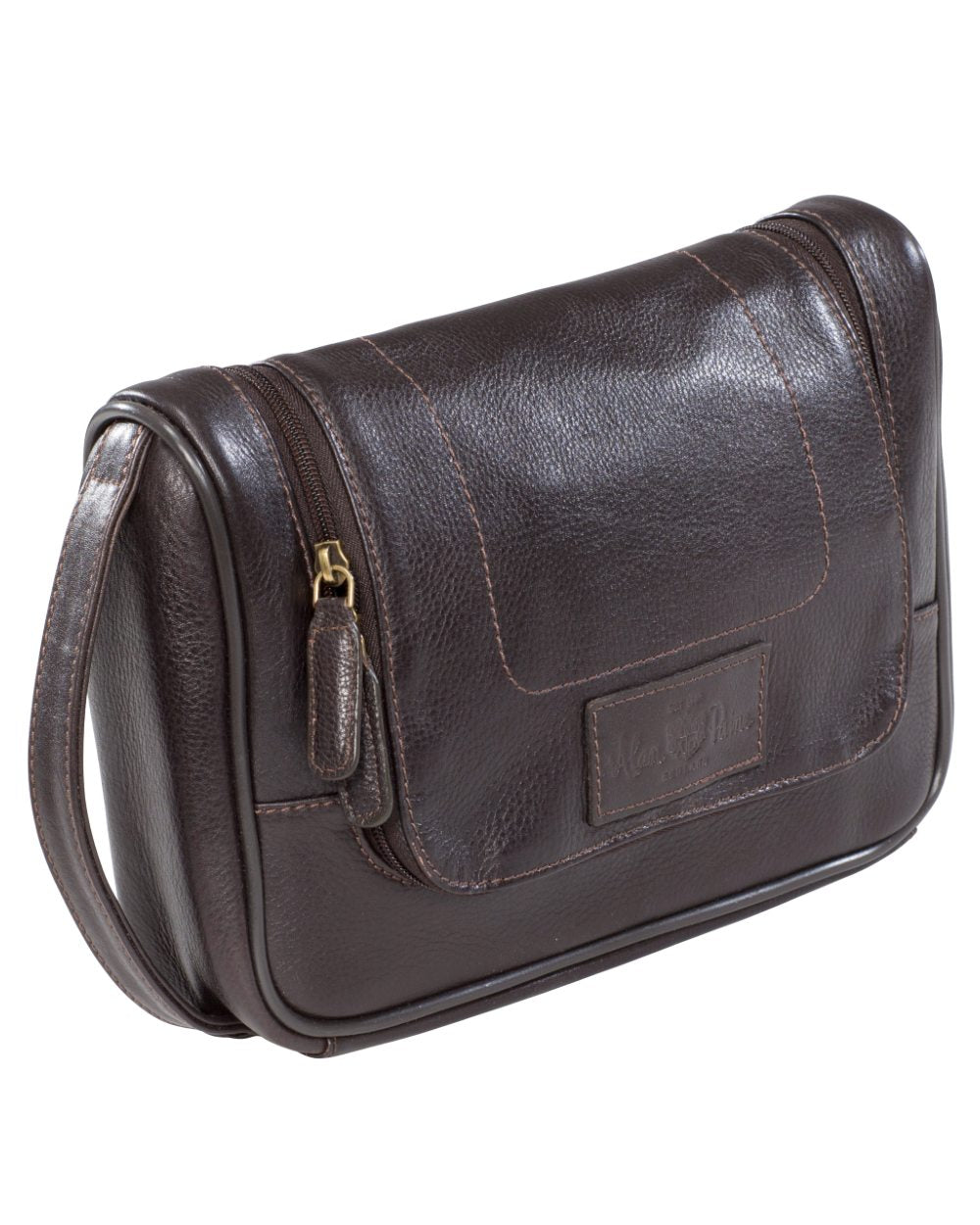 Brown Coloured Alan Paine Mens Leather Wash Bag On A White Background