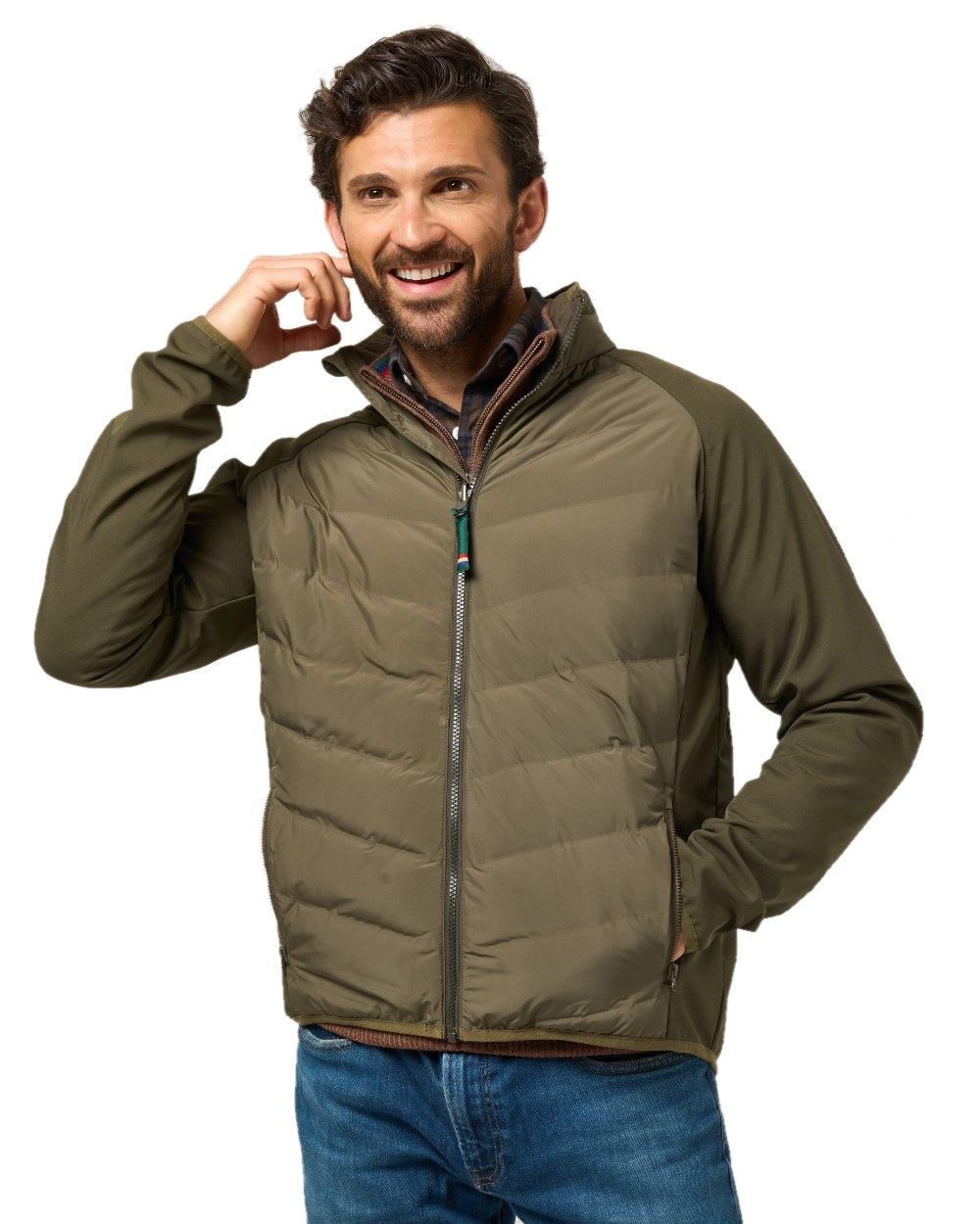 Olive Coloured Alan Paine Mens Calsall Hybrid Jacket On A White Background 