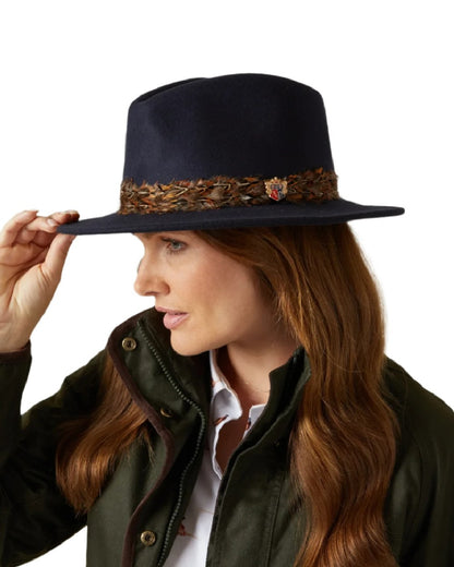 Navy Coloured Alan Paine Richmond Ladies Fedora On A White Background 