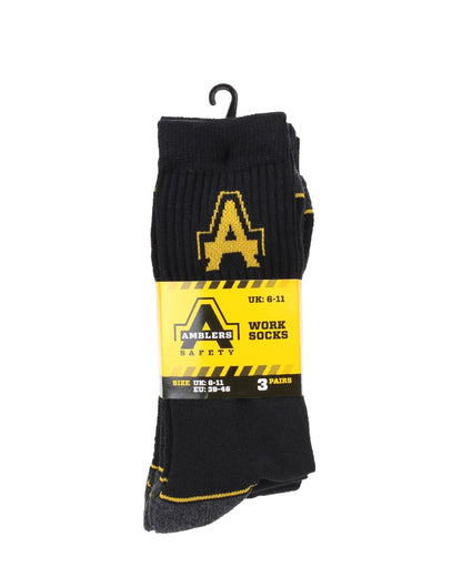 Black Coloured Amblers Safety Amblers Heavy Duty Work Socks 3 pack on a white back ground 