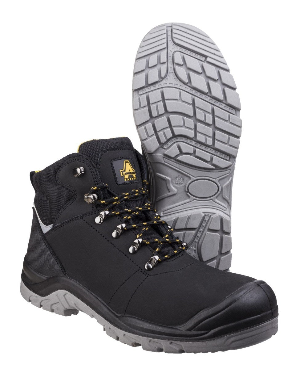 Black Coloured Amblers Safety AS252 Delamere S3 SRC Water Resistant Safety Boots on a white back ground 