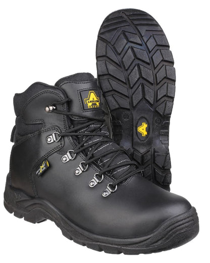 Black Coloured Amblers Safety AS335 Poron XRD Internal Metatarsal Safety Boots on a white background 