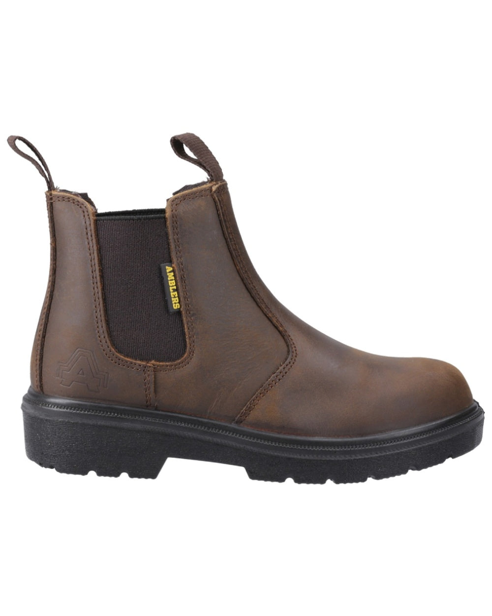 Brown Coloured Amblers Safety FS128 Hardwearing Pull On Safety Dealer Boots on a white back ground 