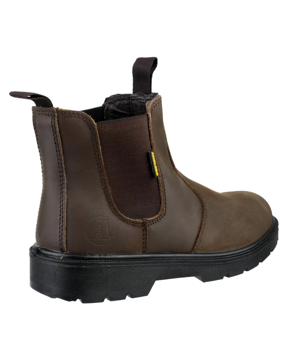 Brown Coloured Amblers Safety FS128 Hardwearing Pull On Safety Dealer Boots on a white back ground 