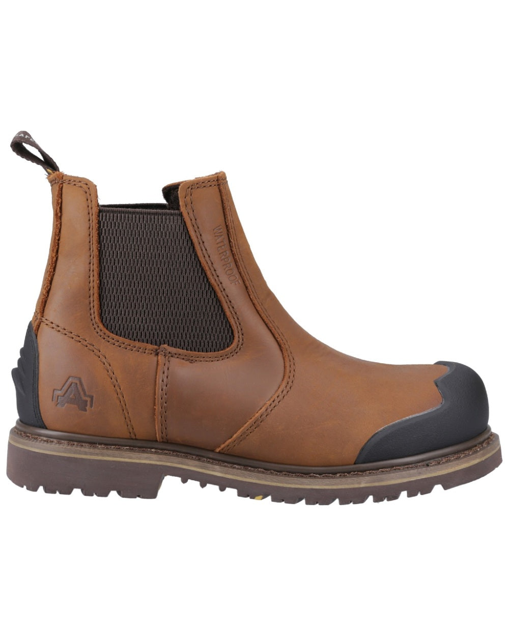 Brown Coloured Amblers Safety FS225 Goodyear Welted Waterproof Pull On Chelsea Safety Boots on a white background 