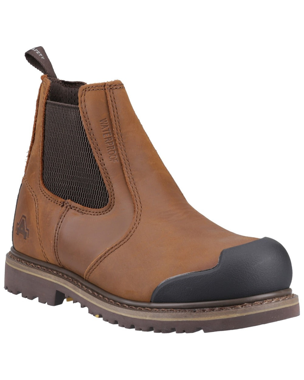 Brown Coloured Amblers Safety FS225 Goodyear Welted Waterproof Pull On Chelsea Safety Boots on a white background 