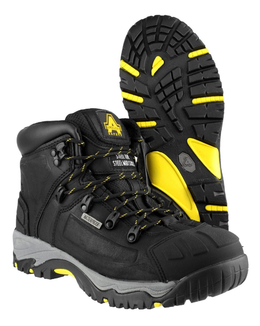 Black Coloured Amblers Safety FS32 Waterproof Safety Boots on a white back ground 