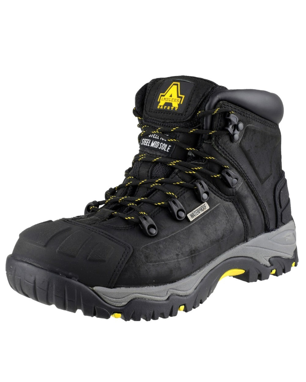 Black Coloured Amblers Safety FS32 Waterproof Safety Boots on a white back ground 