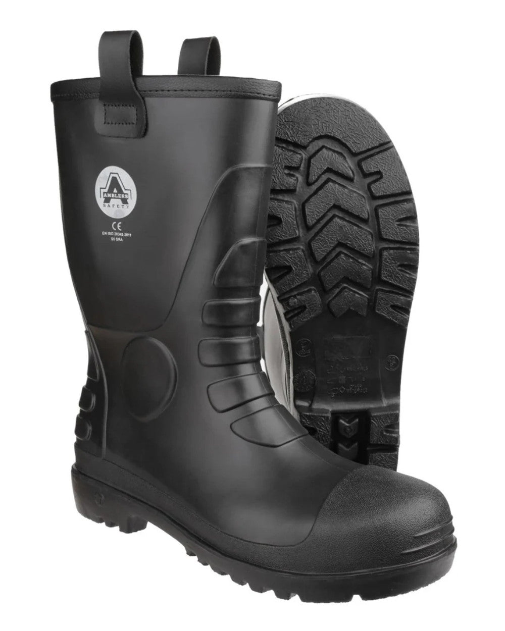 Black Coloured Amblers Safety FS90 Waterproof S5 SRA PVC Safety Rigger Boots On A White Background