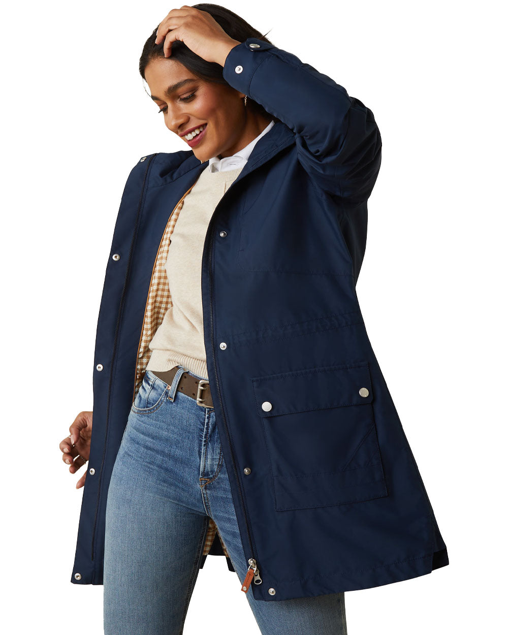 Navy coloured Ariat Womens Atherton Jacket on White background 