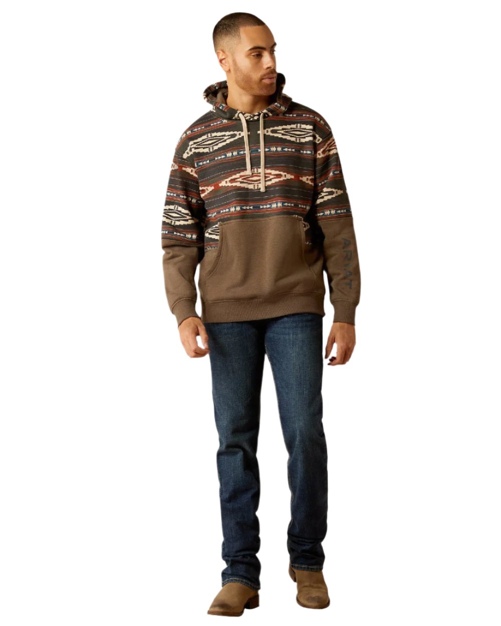 Brindle Coloured Ariat Mens Color Block Hoodie On A White Background 