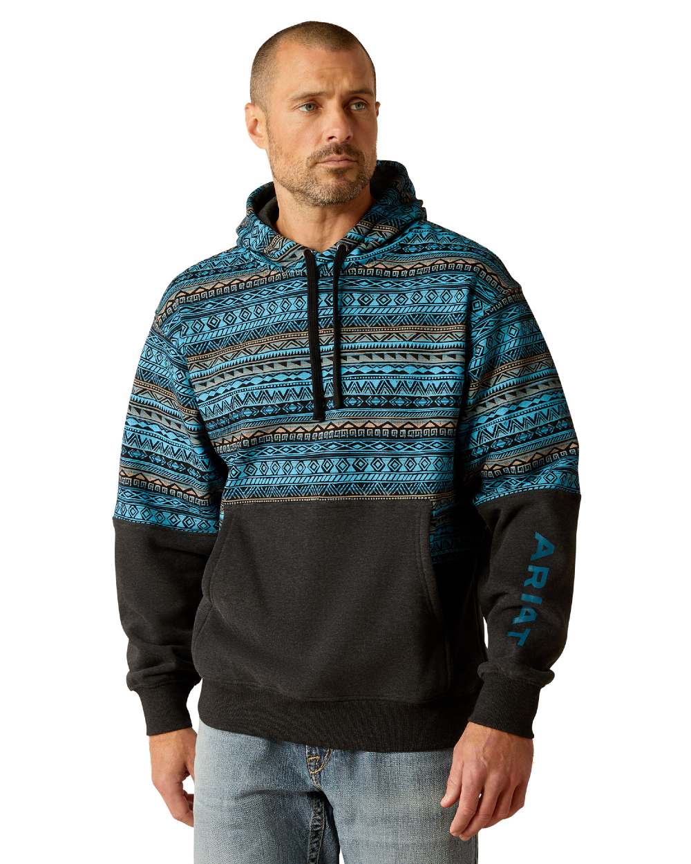 Turquoise Coloured Ariat Mens Color Block Hoodie On A White Background 