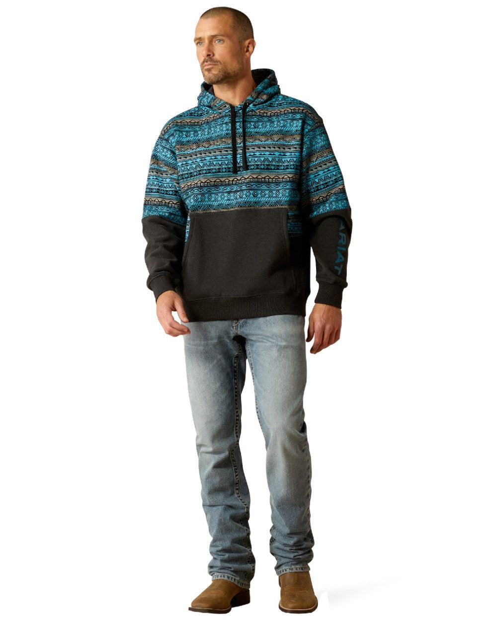 Turquoise Coloured Ariat Mens Color Block Hoodie On A White Background 