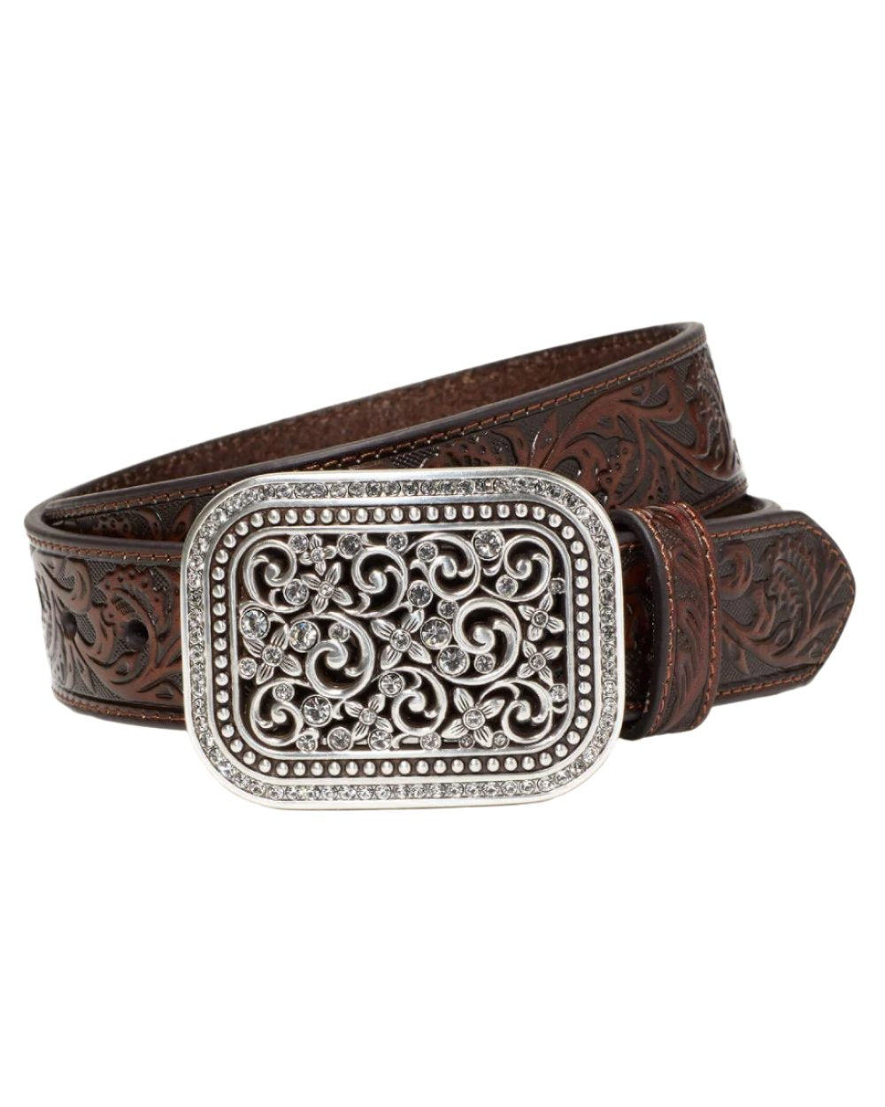 Brown Coloured Ariat Rhinestone Filigree Belt On A White Background