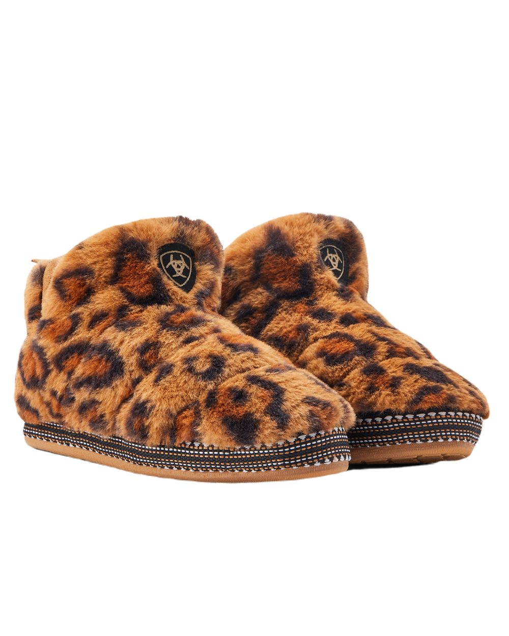 Fuzzy Leopard Print Coloured Ariat Womens Bootie Slipper On A White Background 