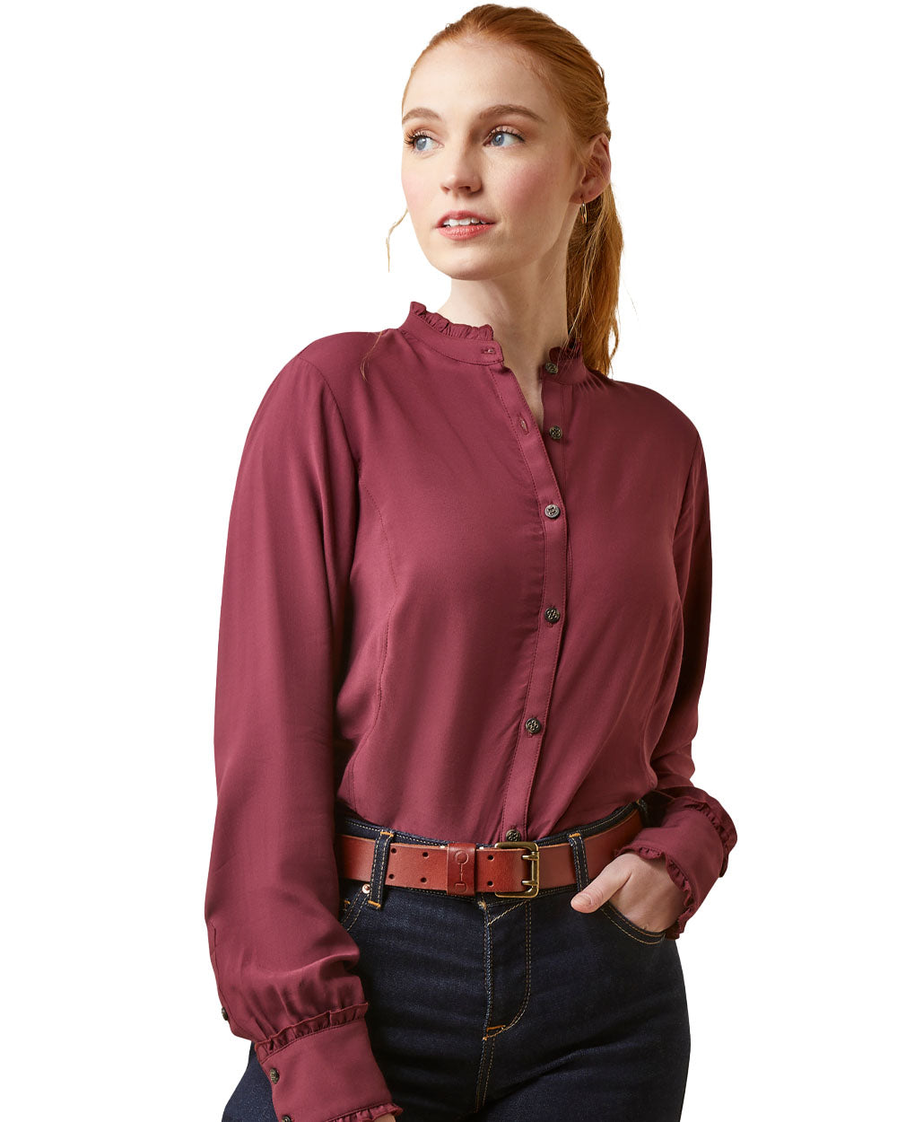 Tawny Port coloured Ariat Womens Clarion Blouse on White background 