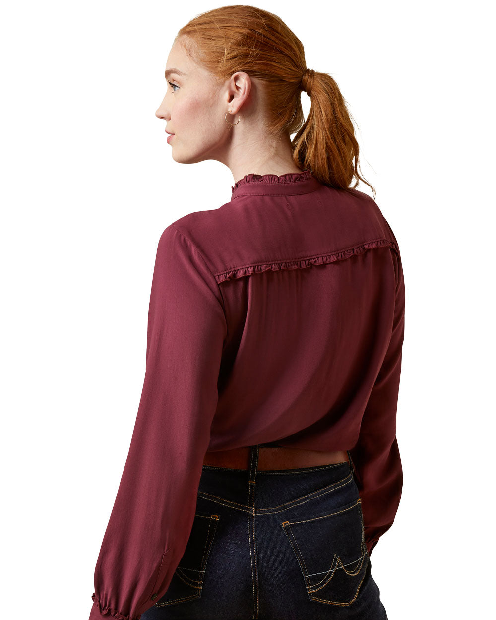 Tawny Port coloured Ariat Womens Clarion Blouse on White background 