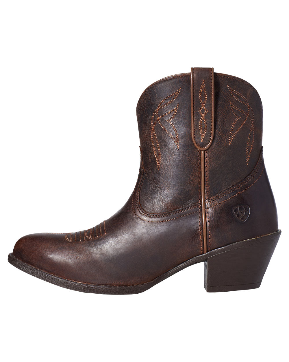 Sassy Brown coloured Ariat Womens Darlin Western Boot on White background 