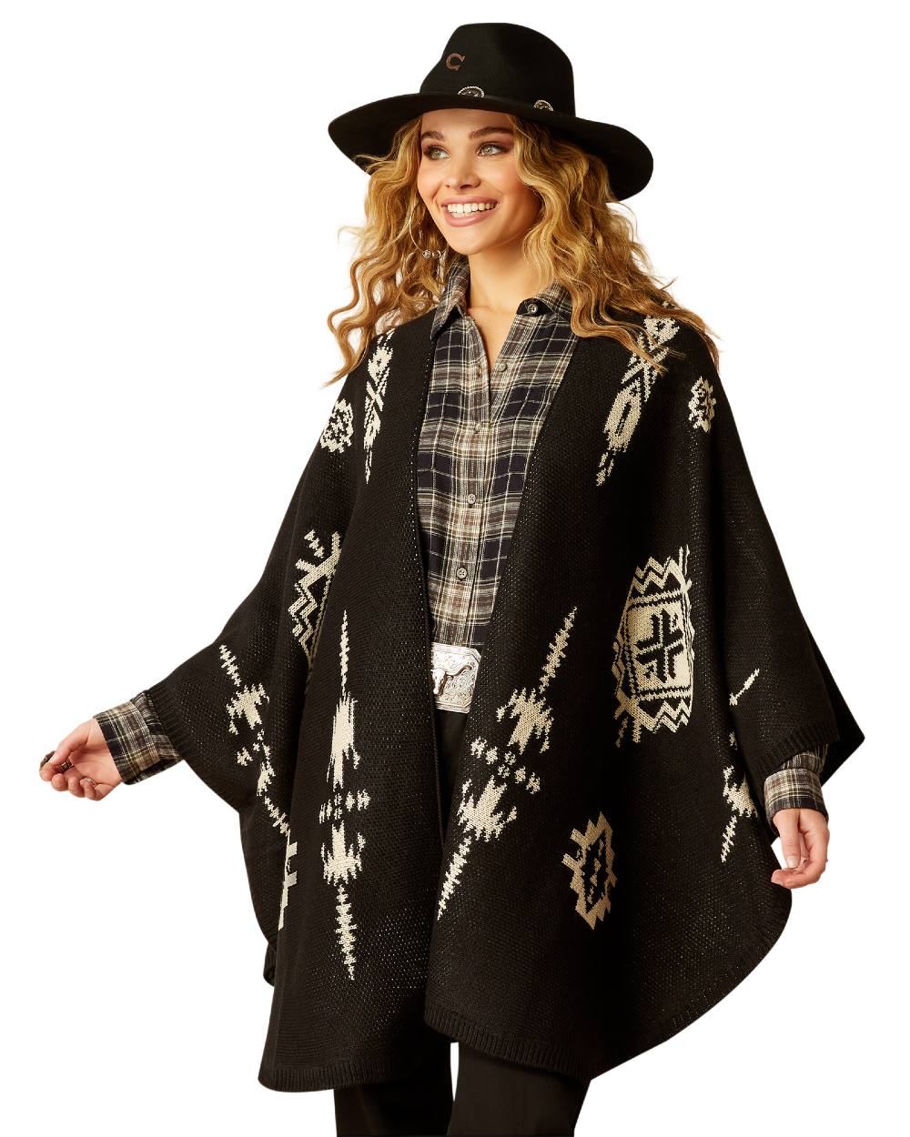 Black Summer Sand Coloured Ariat Womens Delta Poncho On A White Background 